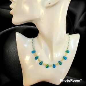 HANDMADE Yellow Jade Czech Lampwork Art Glass Teardrop Beaded Festival Necklace